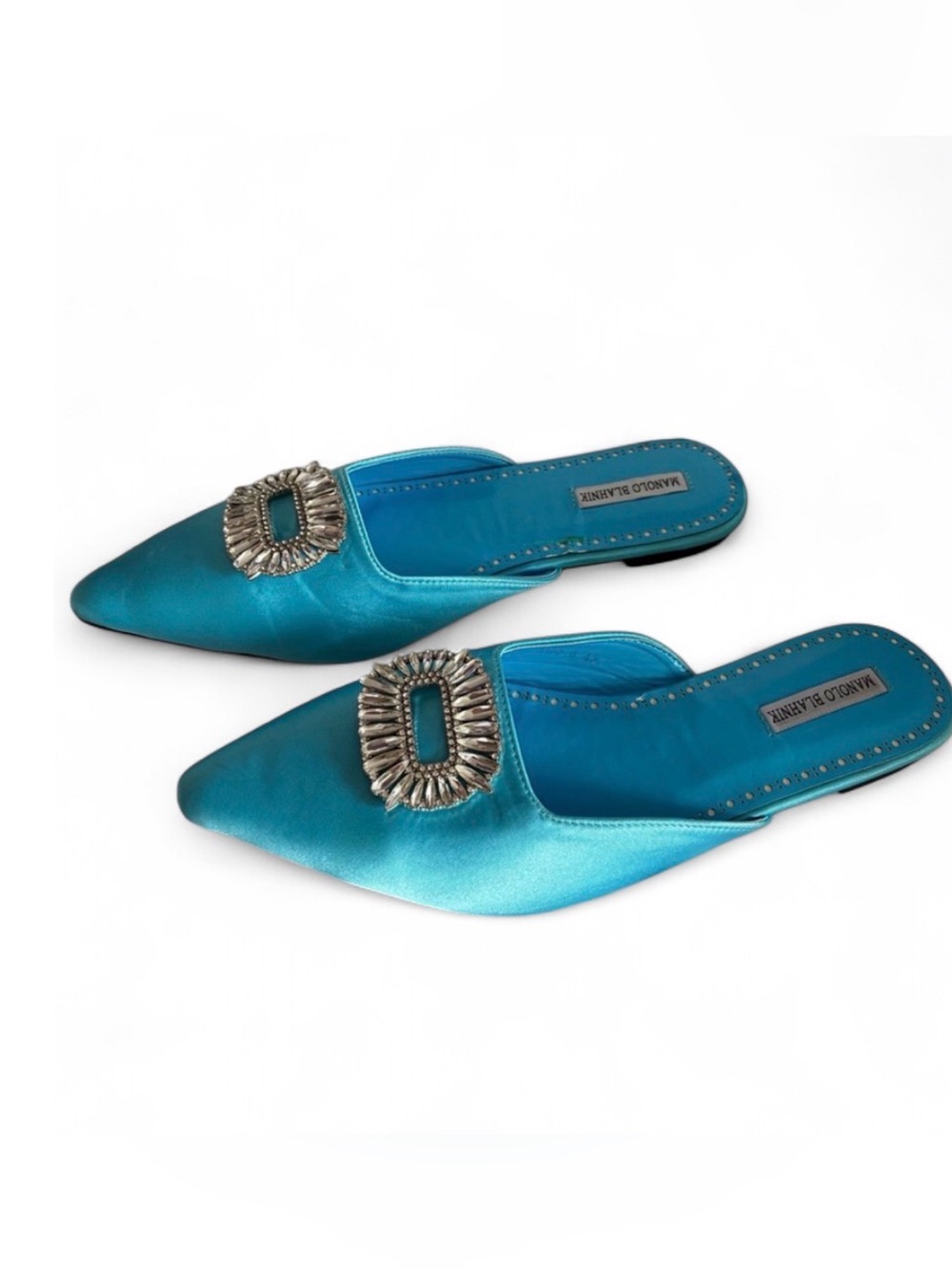 Turquoise Satin Pointed Toe Crystal Embellished Mules Sleepers
